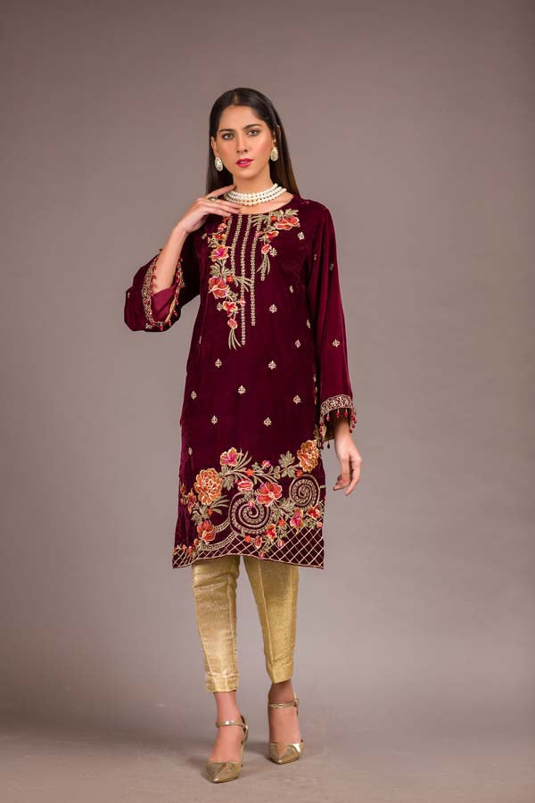 Adan's Libas - Castro - Embroidered Velvet Unstitch Kurti