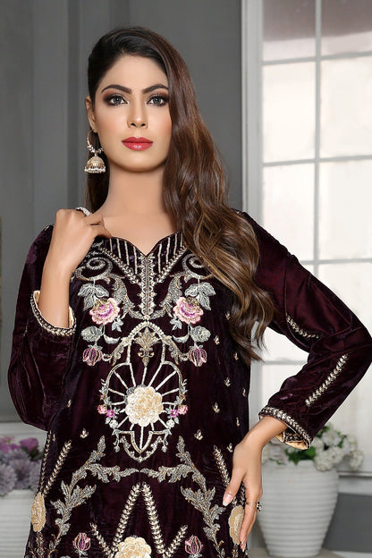 Adan's Libas - Chrysan - Embroidered Velvet Unstitch Kurti