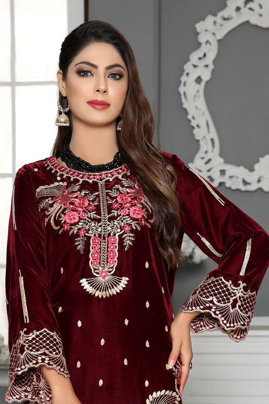 Adan's Libas - daylily- Embroidered Velvet Unstitch Kurti