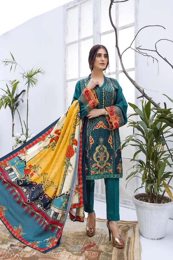 Adan's Libas - Emerald - Embroidered Viscose with Cotail Shawl (2 Piece)