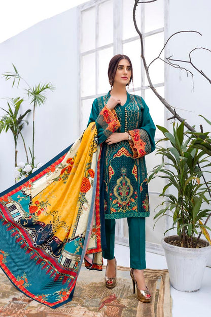 Adan's Libas - Emerald - Embroidered Viscose with Cotail Shawl (2 Piece)