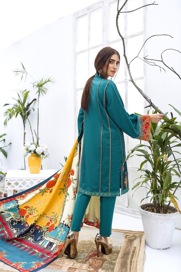 Adan's Libas - Emerald - Embroidered Viscose with Cotail Shawl (2 Piece)