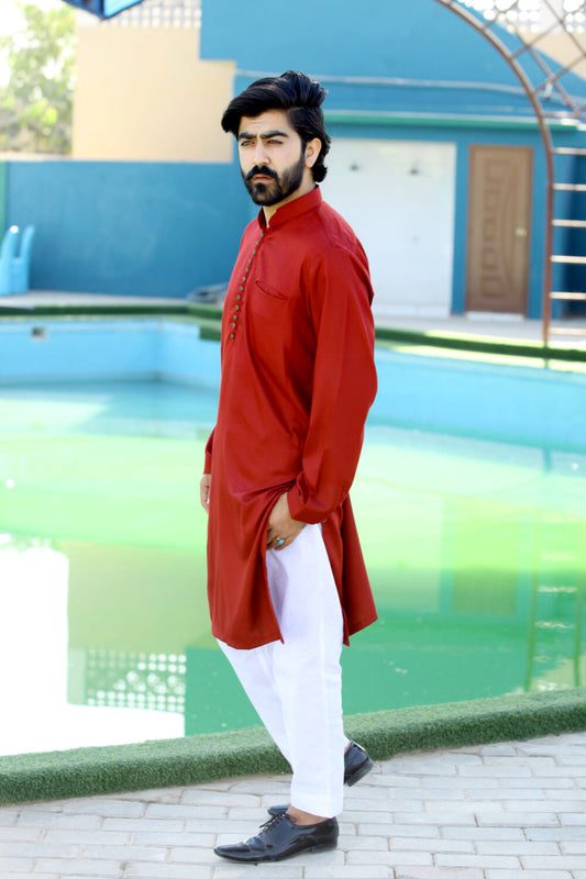 Bareeq Outfits - Maroon Blended Kurta