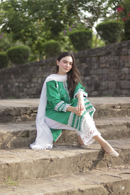 Bareeq Outfits - GREEN EMBROIDERED KURTA