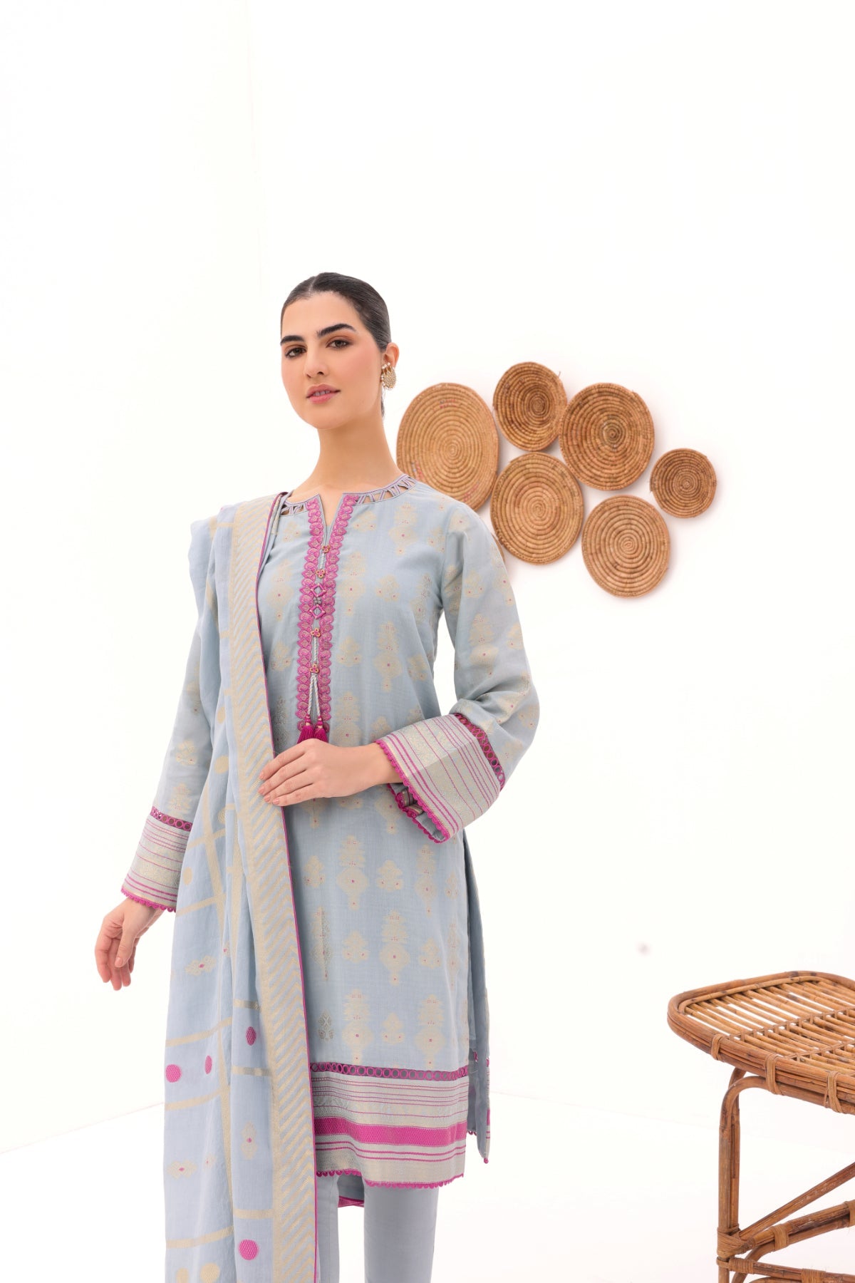 3 Pc Embroidered Jacquard Suit With Jacquard Dupatta