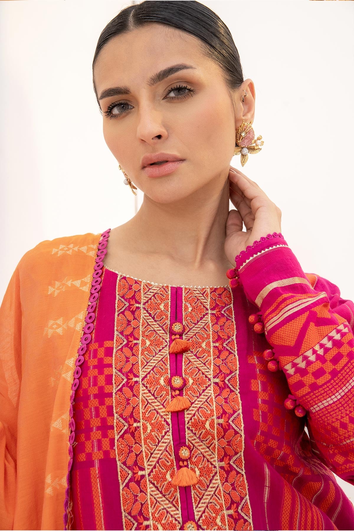 3 Pc Embroidered Jacquard Suit With Fancy Dupatta