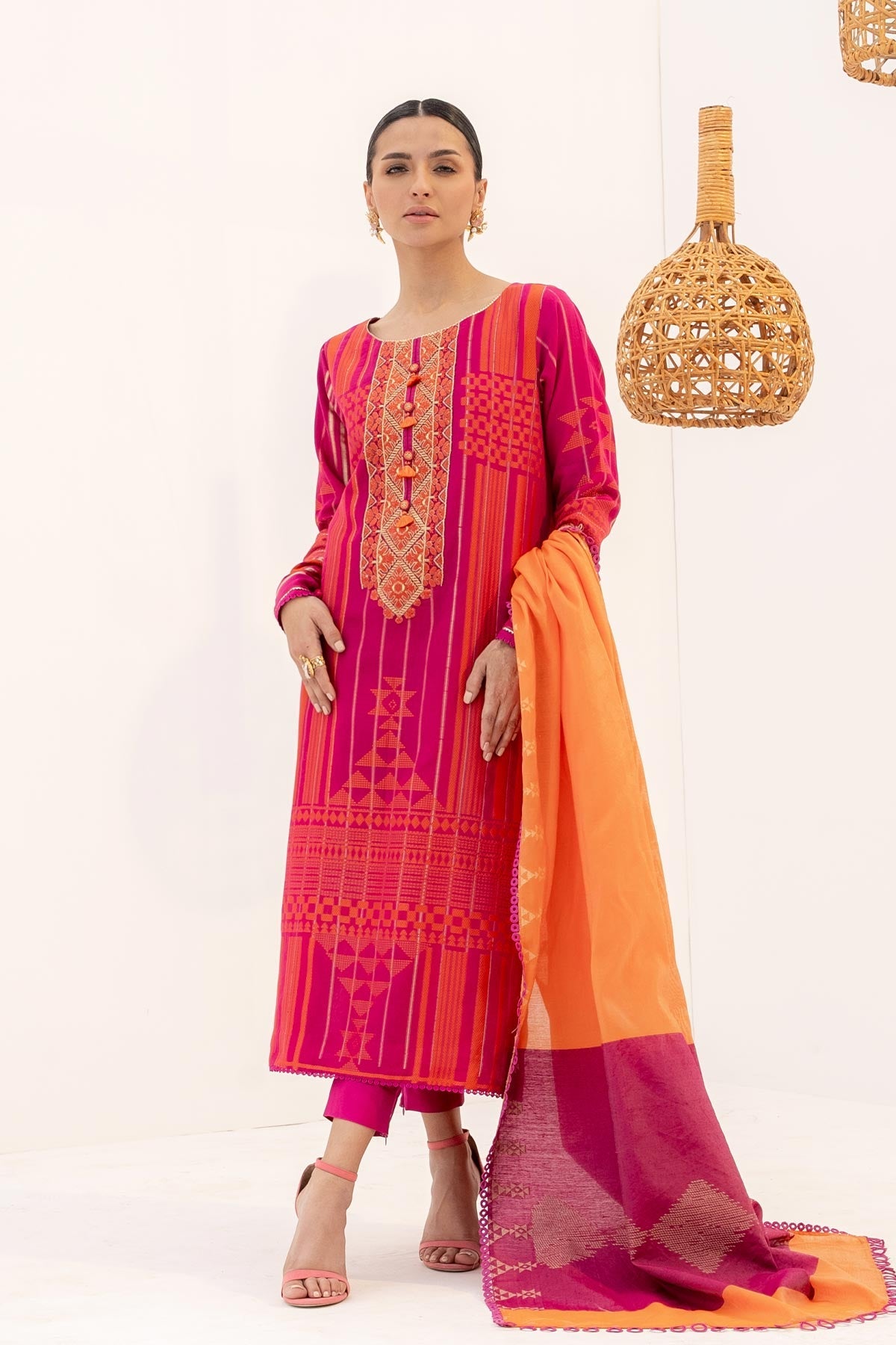 3 Pc Embroidered Jacquard Suit With Fancy Dupatta