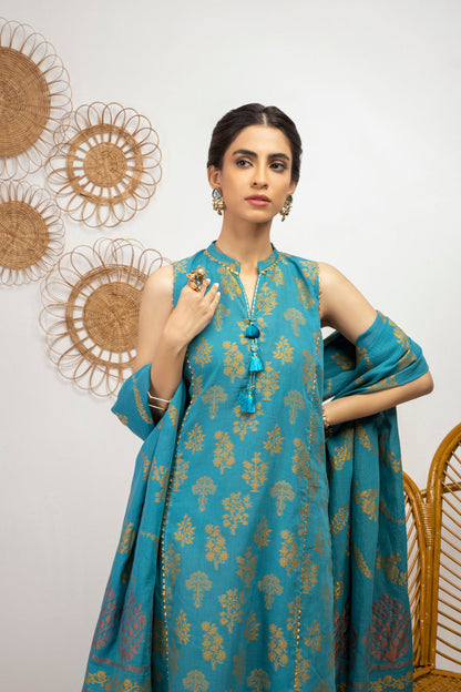 3 Pc Printed Jacquard Suit With Jacquard Dupatta