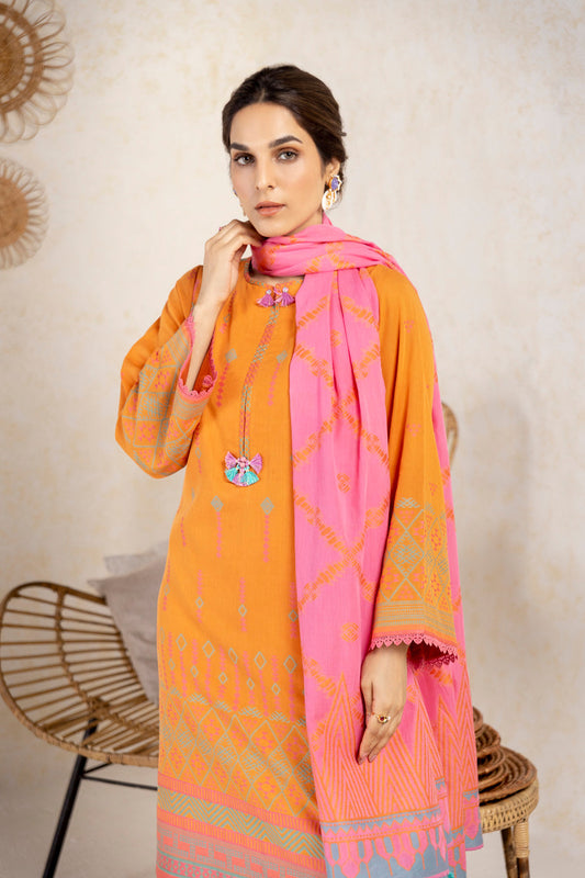 3 Pc Printed Jacquard Suit With Jacquard Dupatta