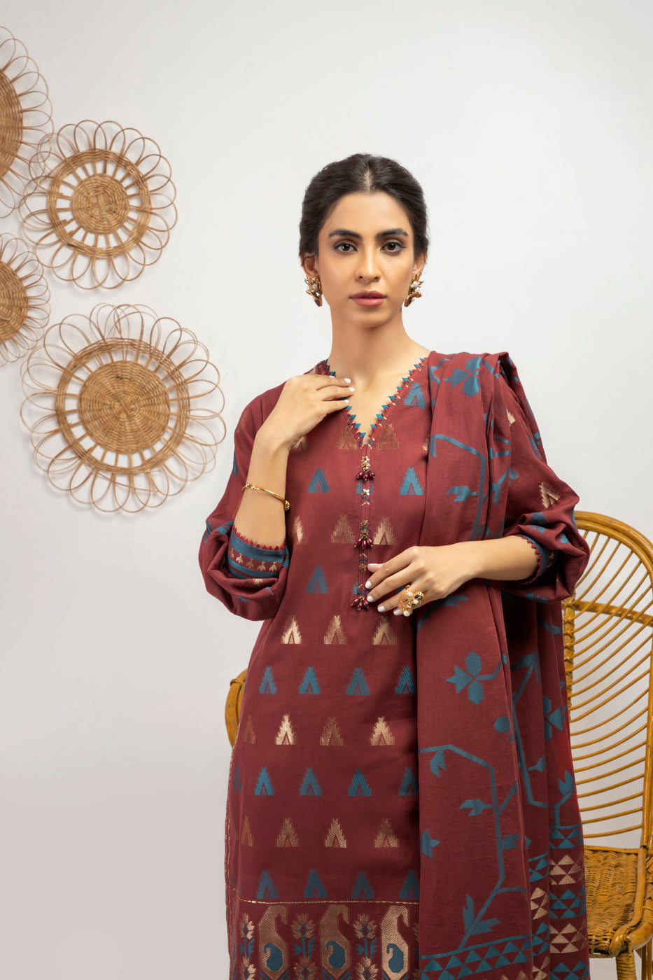 3 Pc Printed Jacquard Suit With Jacquard Dupatta