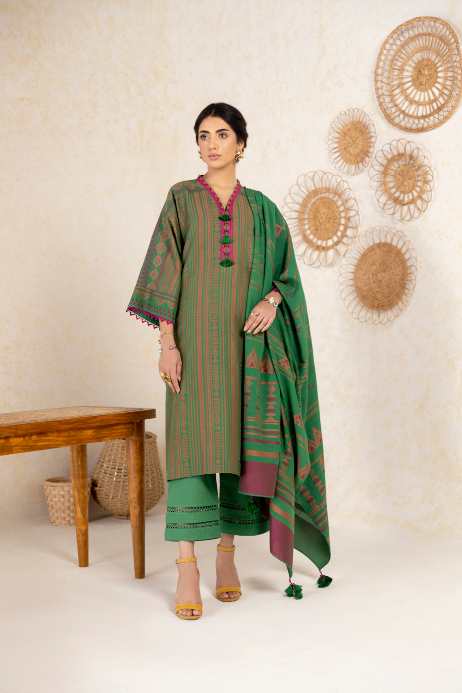 3 Pc Printed Jacquard Suit With Jacquard Dupatta