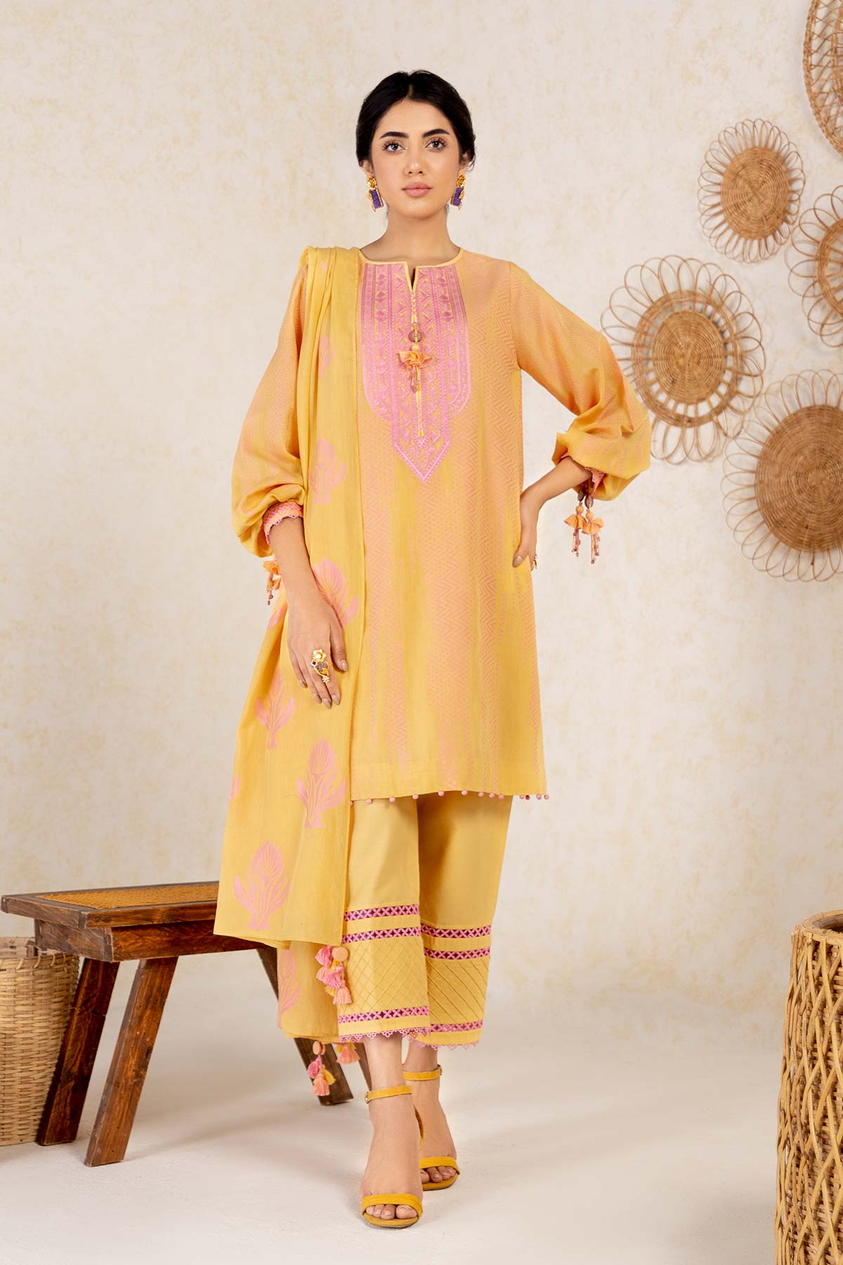 3 Pc Embroidered Jacquard Suit With Jacquard Dupatta