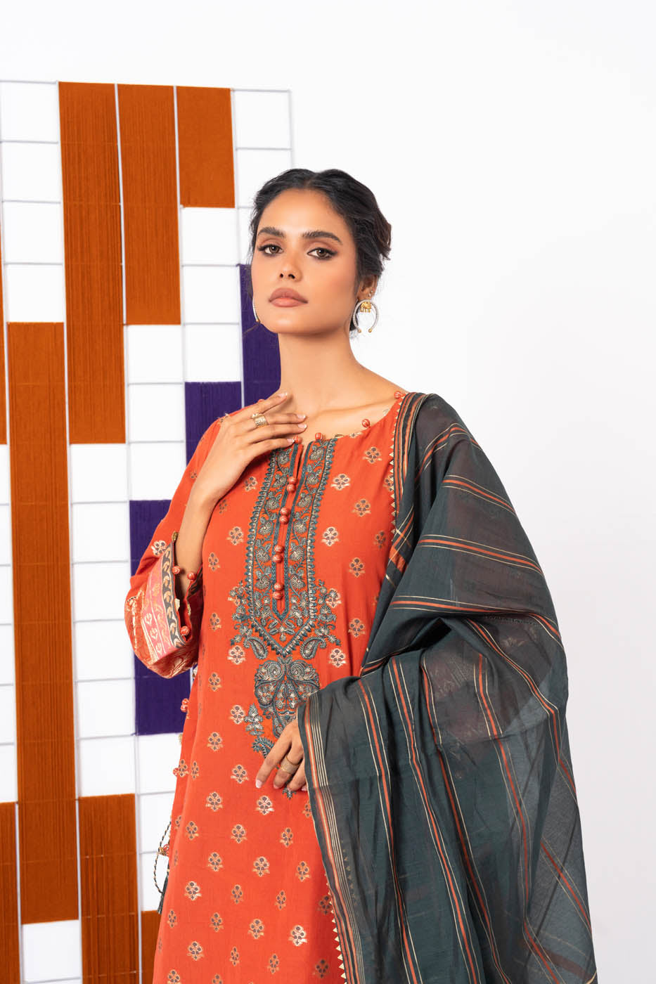 3 Pc Embroidered Jacquard Suit With Yarn Dyed Dupatta