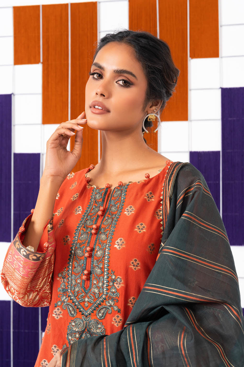 3 Pc Embroidered Jacquard Suit With Yarn Dyed Dupatta
