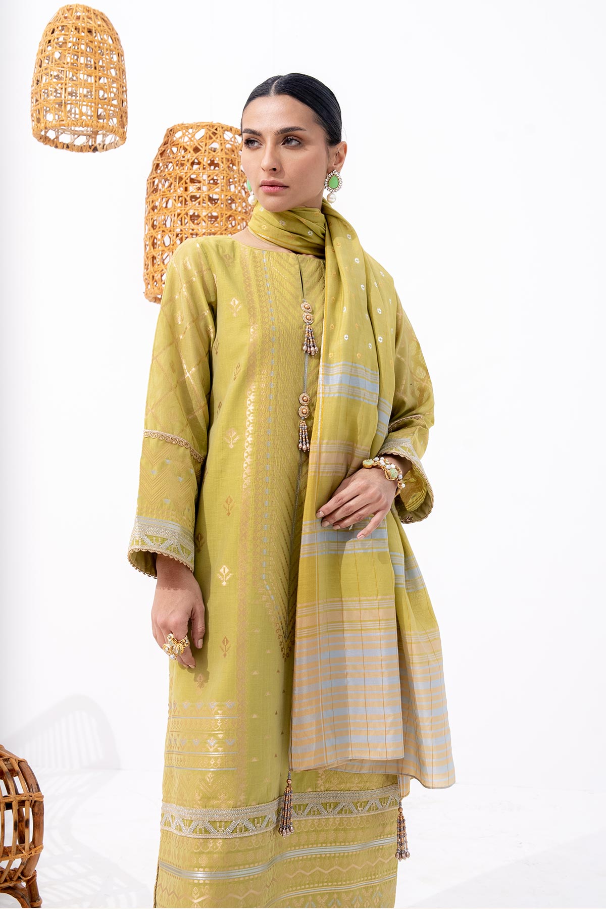 3 Pc Embroidered Jacquard Suit With Fancy Dupatta