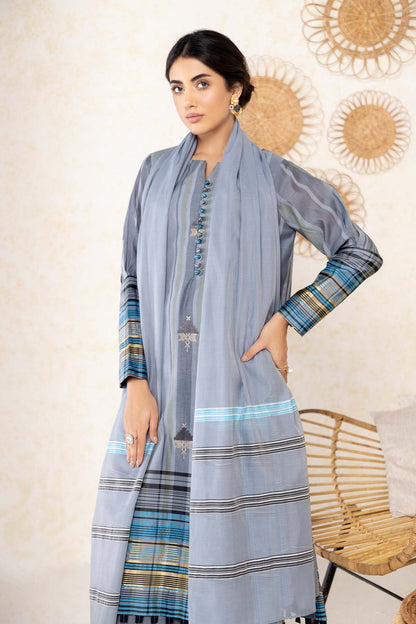 3 Pc Embroidered Yarn Dyed Suit With Jacquard Dupatta