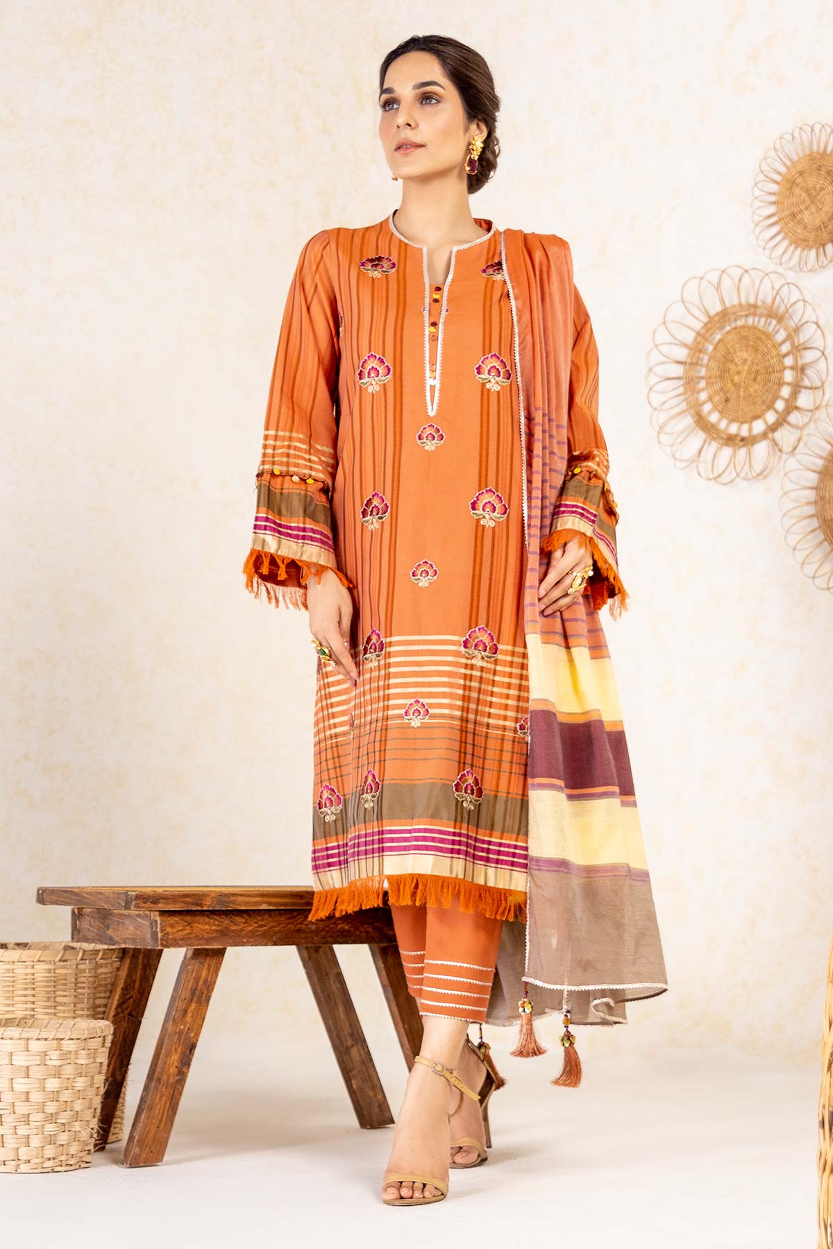 3 Pc Embroidered Yarn Dyed Suit With Jacquard Dupatta