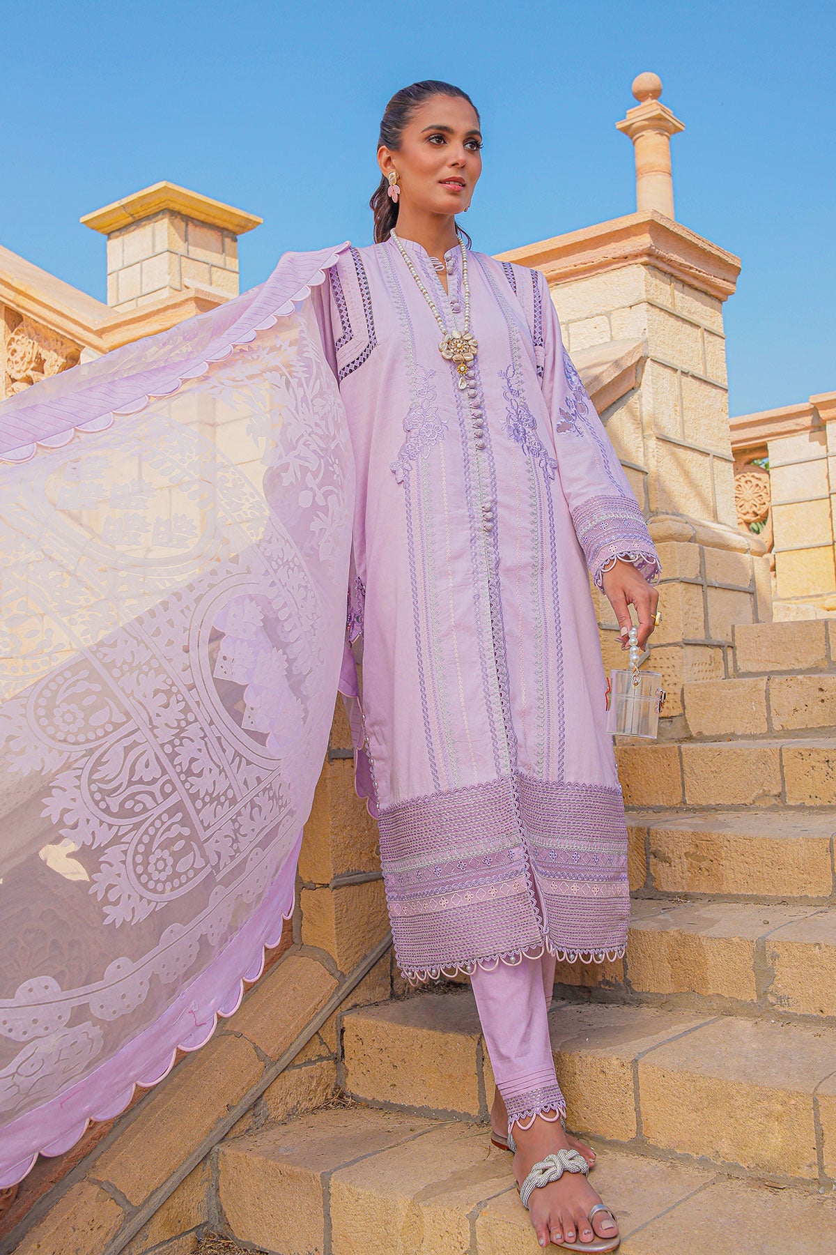 3 Pc Embroidered Lawn Suit With Organza Dupatta