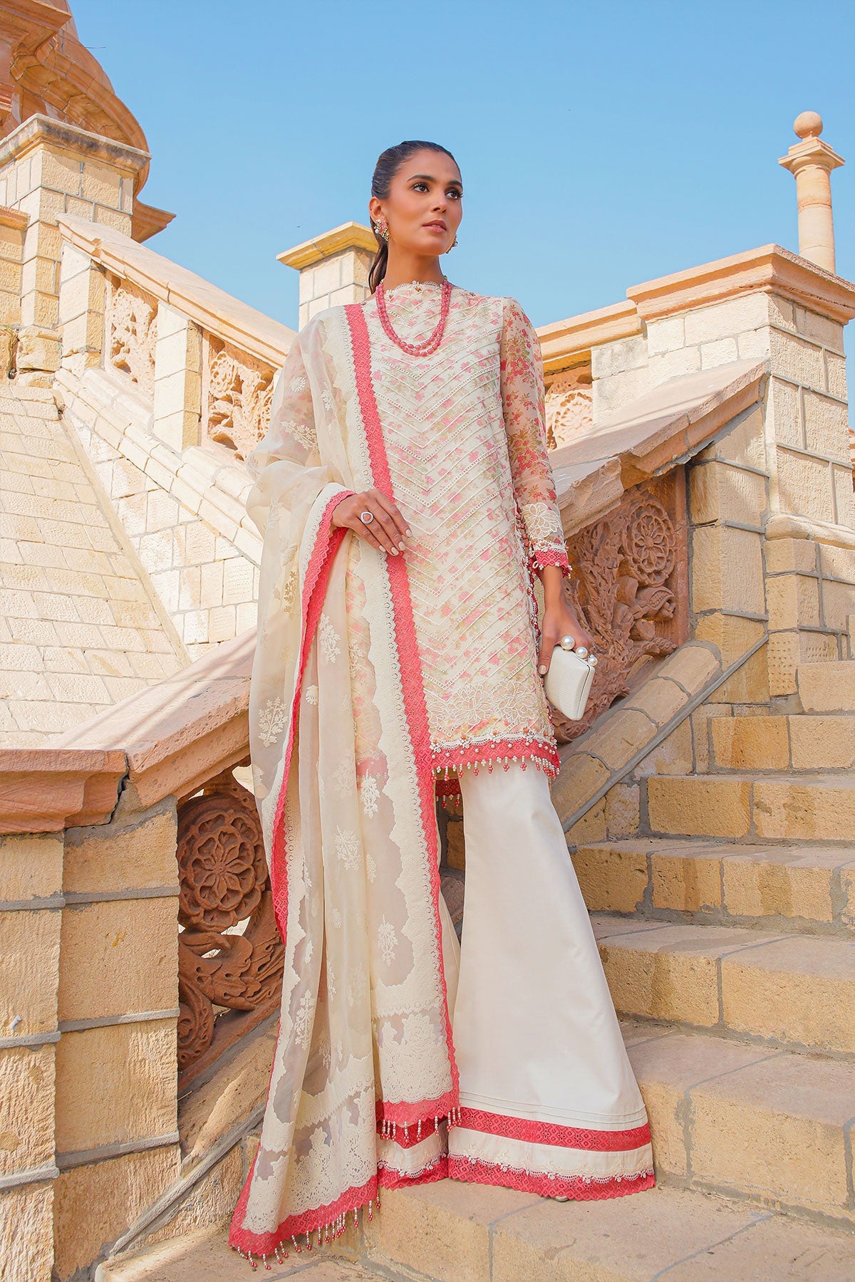 3 Pc Embroidered Organza Suit With Organza Dupatta