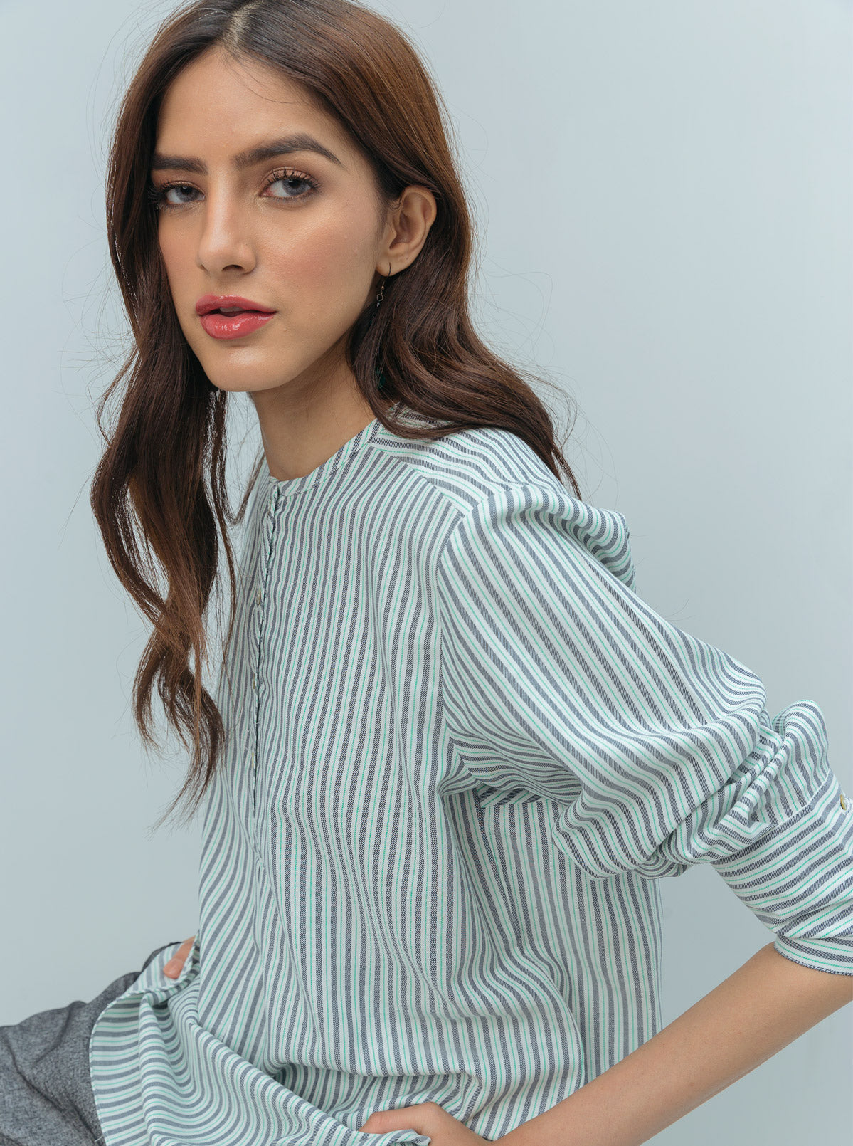 Beechtree - Striped Placket Round Hem Top