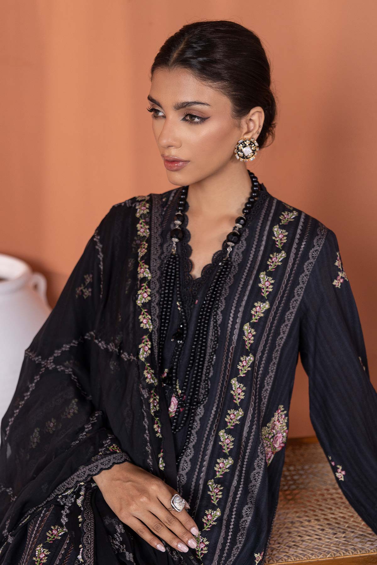 3 Pc Embroidered Dobby Lawn Suit With Bamberg Dupatta