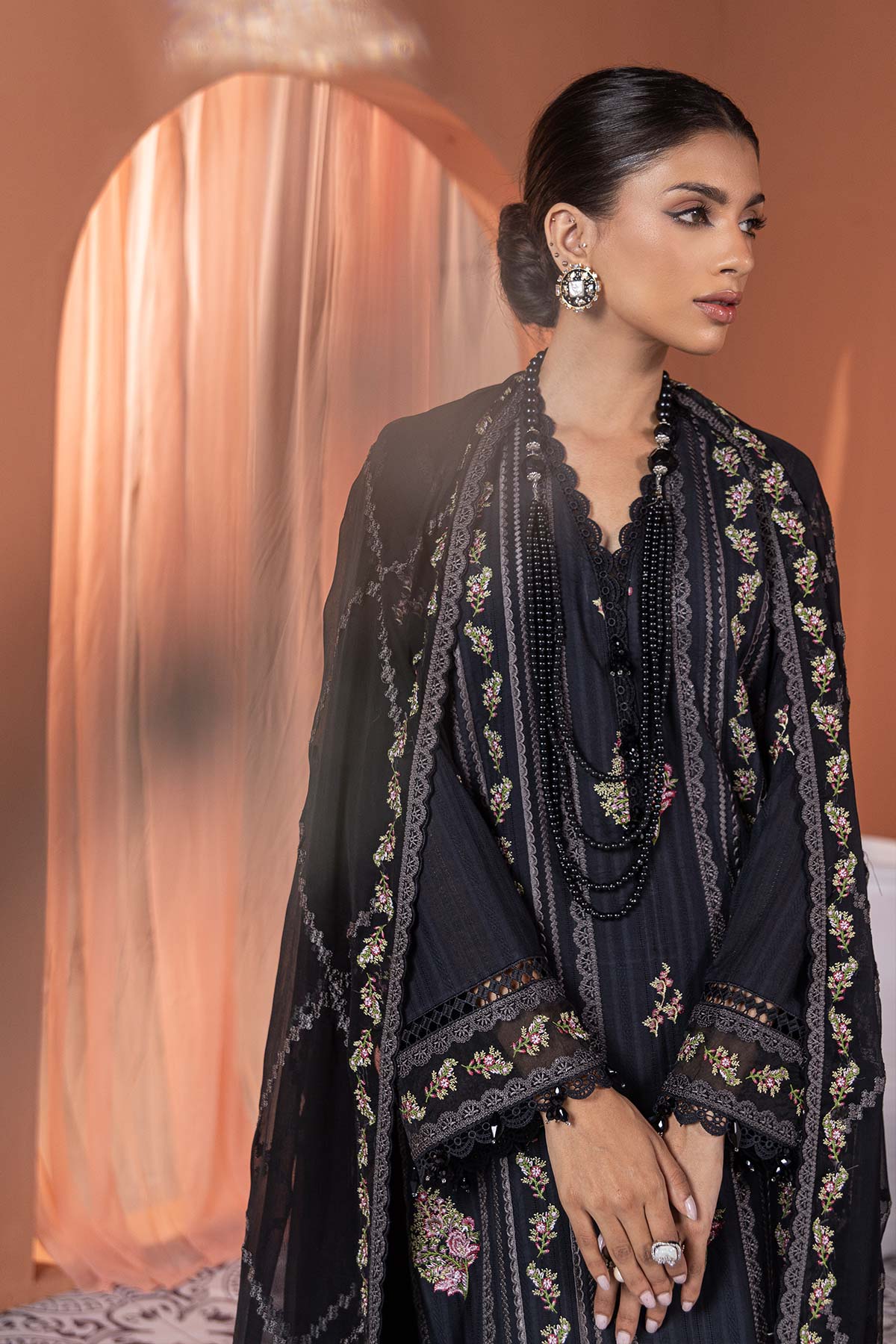 3 Pc Embroidered Dobby Lawn Suit With Bamberg Dupatta