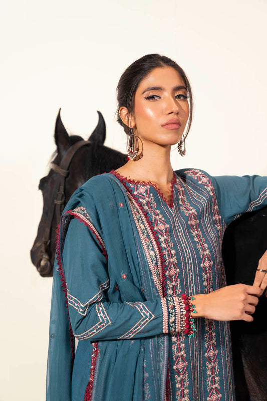 Three Piece Embroidered Khaddar Suit With Bamber Dupatta