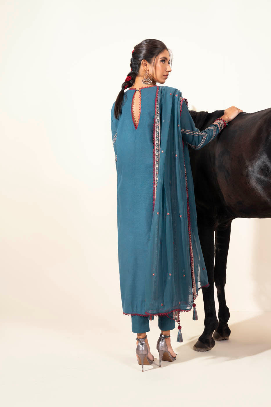 Three Piece Embroidered Khaddar Suit With Bamber Dupatta
