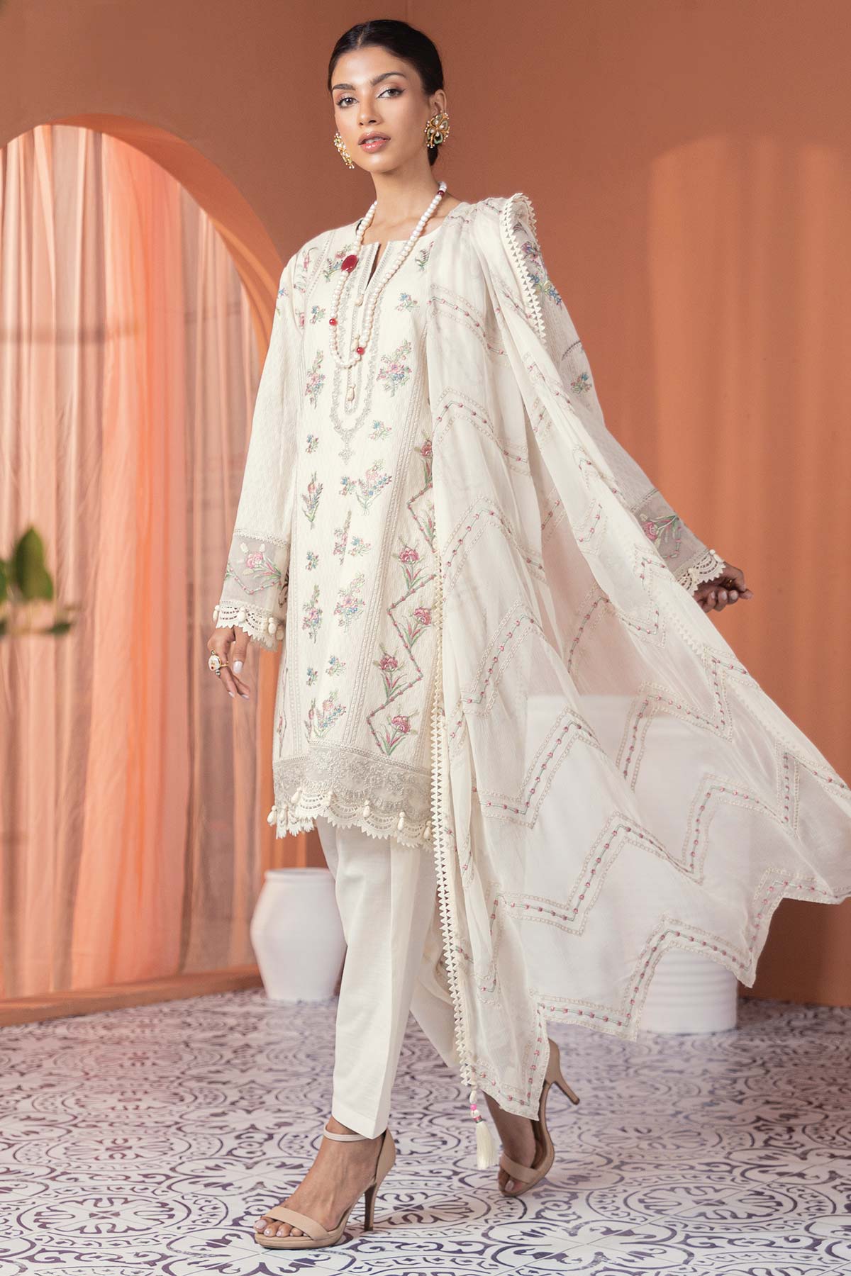 3 Pc Embroidered Dobby Lawn Suit With Bamberg Dupatta