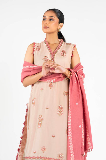 3 Pc Embroidered Karandi Suit With Karandi Dupatta