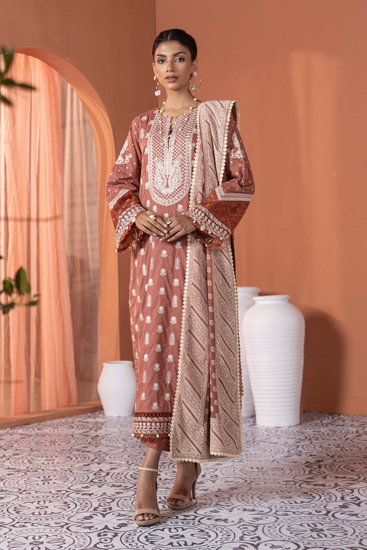 3 Pc Embroidered Lawn Suit With Chiffon Dupatta