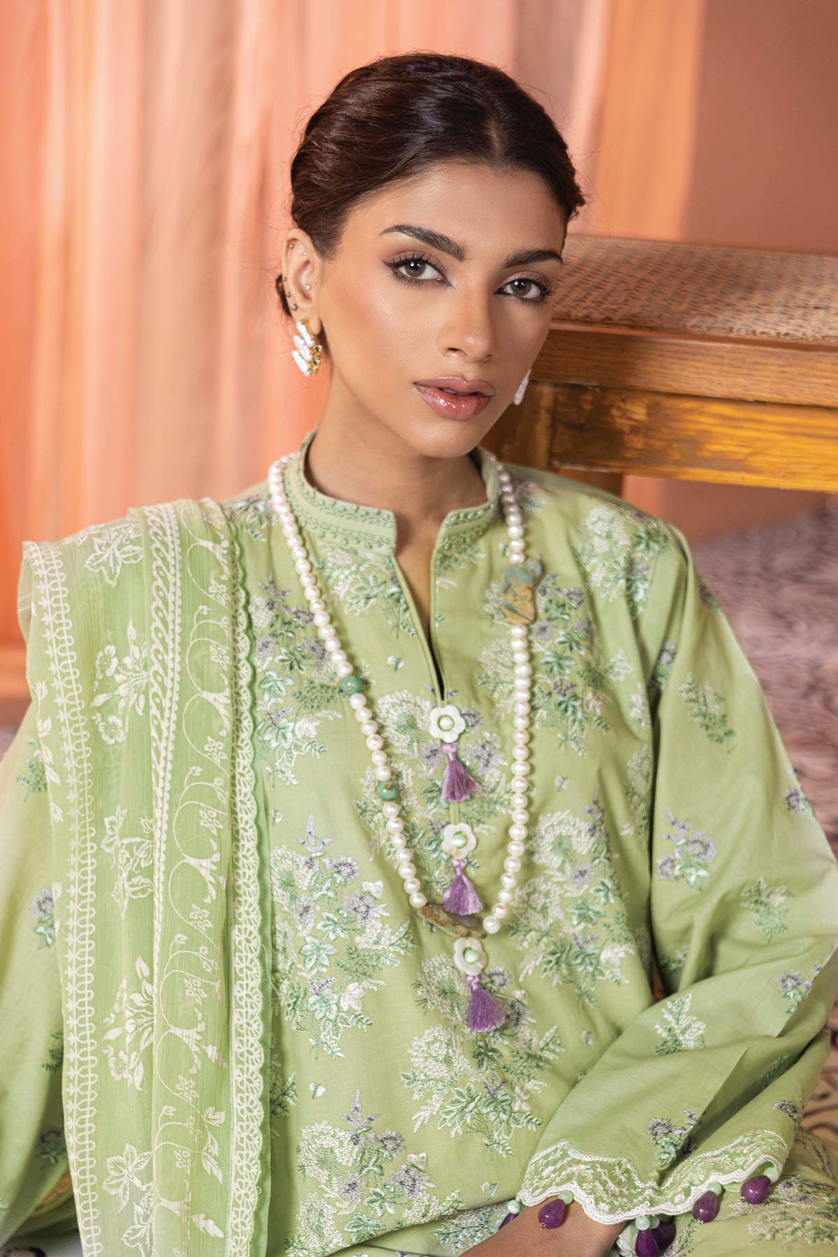 3 Pc Embroidered Lawn Suit With Chiffon Dupatta