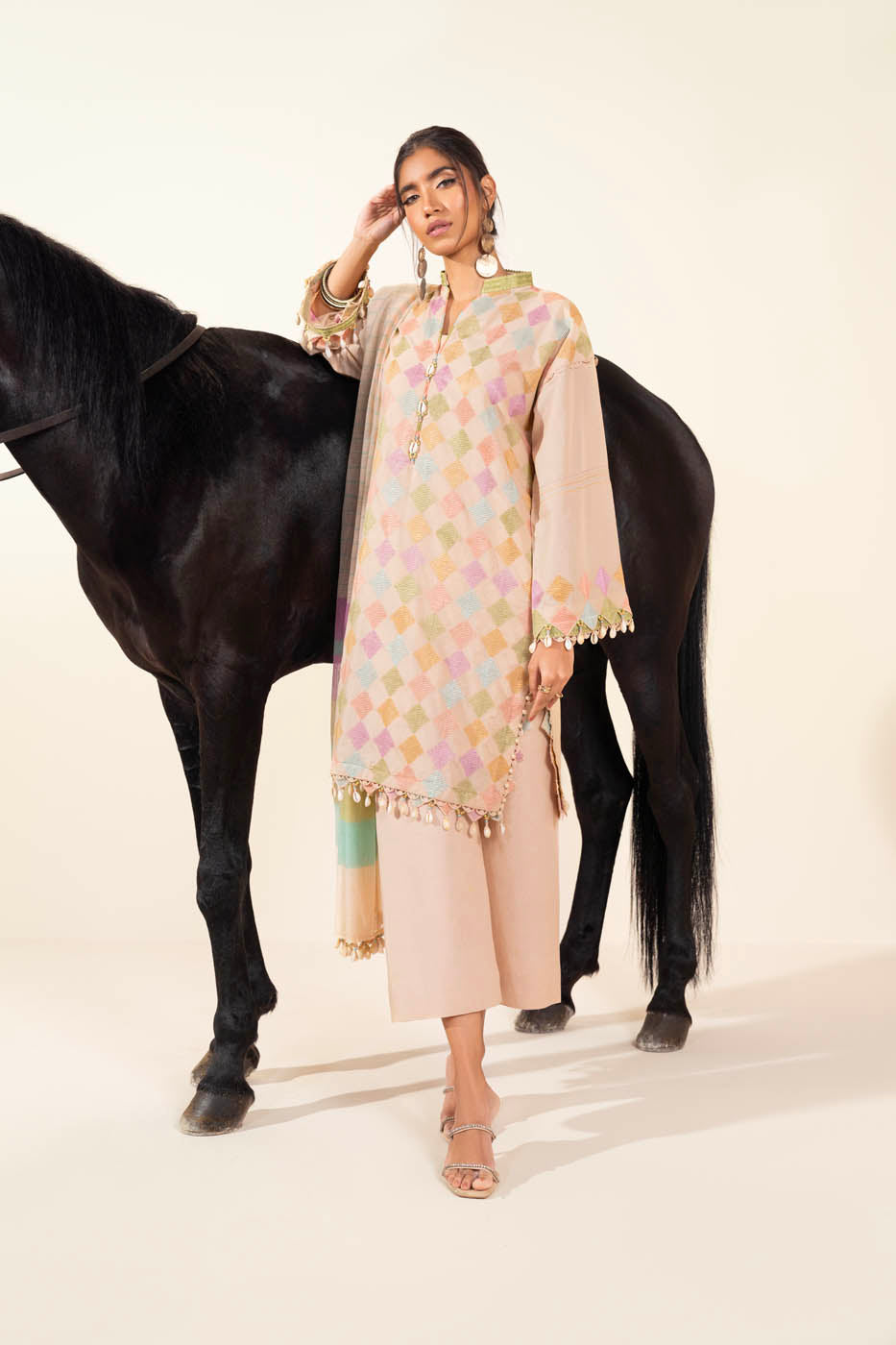 3 Pc Embroidered Karandi Suit With Yarn Dyed Dupatta