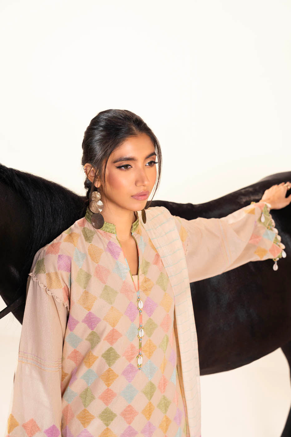 3 Pc Embroidered Karandi Suit With Yarn Dyed Dupatta
