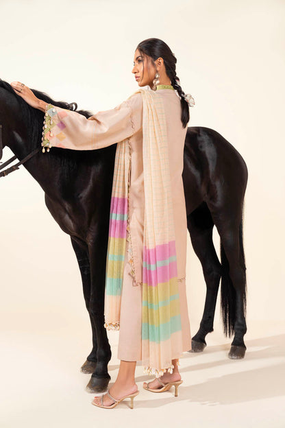 3 Pc Embroidered Karandi Suit With Yarn Dyed Dupatta