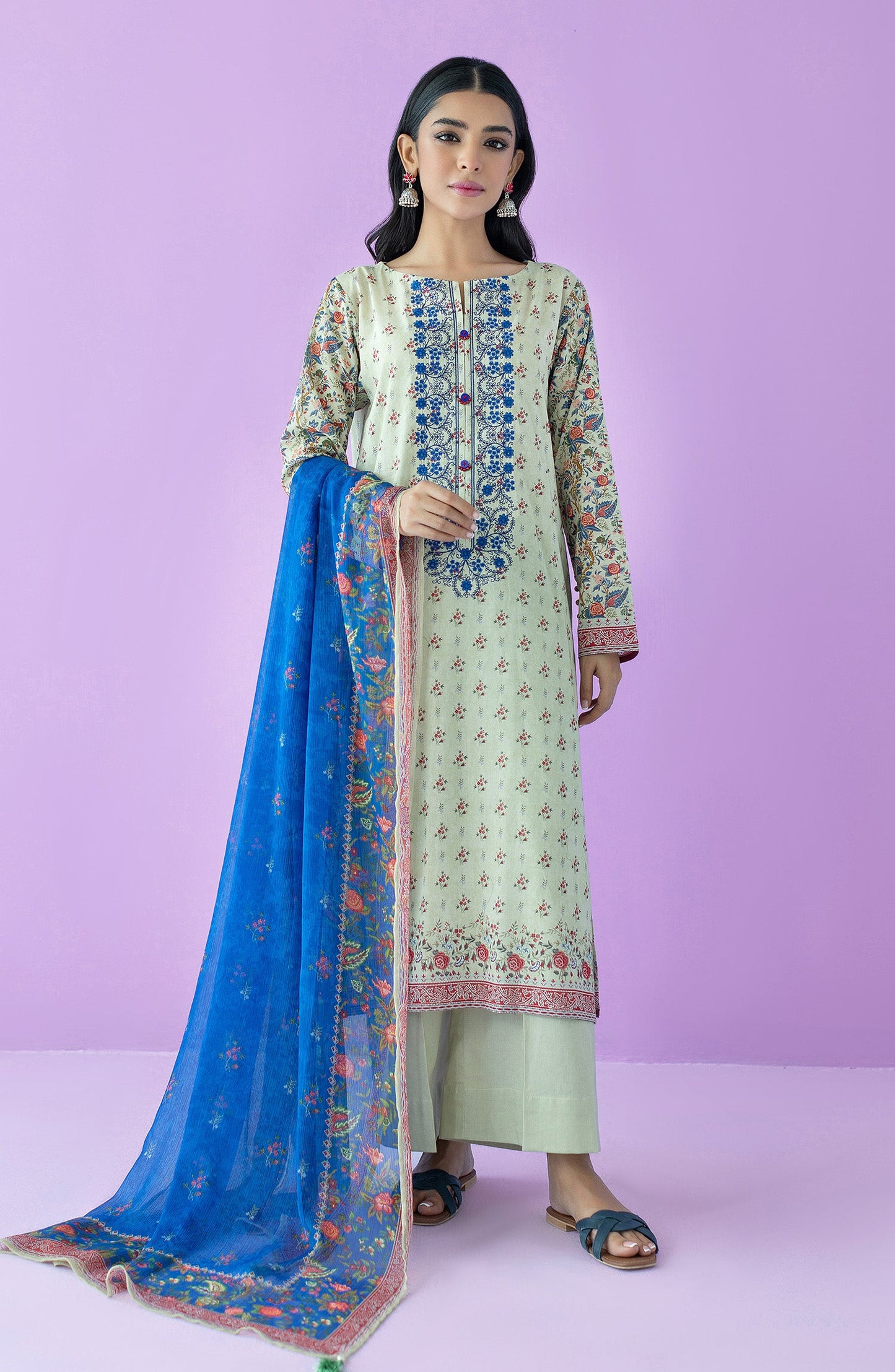 Orient - Unstitched 3 Piece Embroidered Lawn Shirt , Cambric Pant and Chiffon Dupatta
