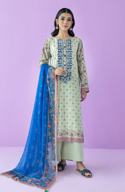 Orient - Unstitched 3 Piece Embroidered Lawn Shirt , Cambric Pant and Chiffon Dupatta