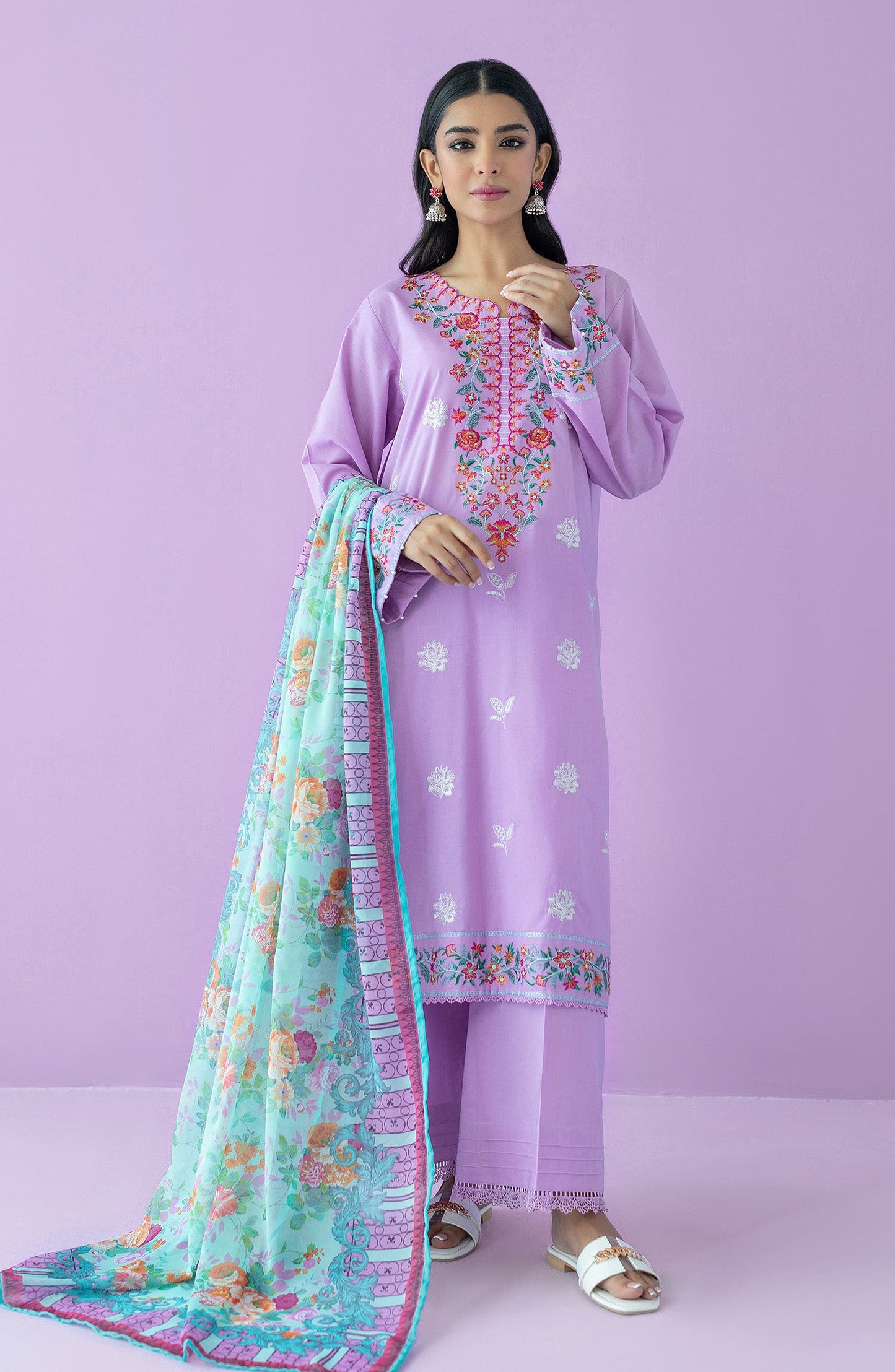 Orient - Unstitched 3 Piece Embroidered Lawn Shirt , Cambric Pant and Silk Dupatta