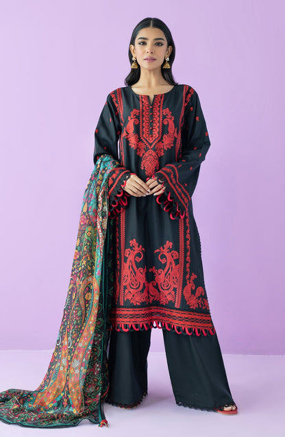 Orient - Unstitched 3 Piece Embroidered Lawn Shirt , Cambric Pant and Silk Dupatta