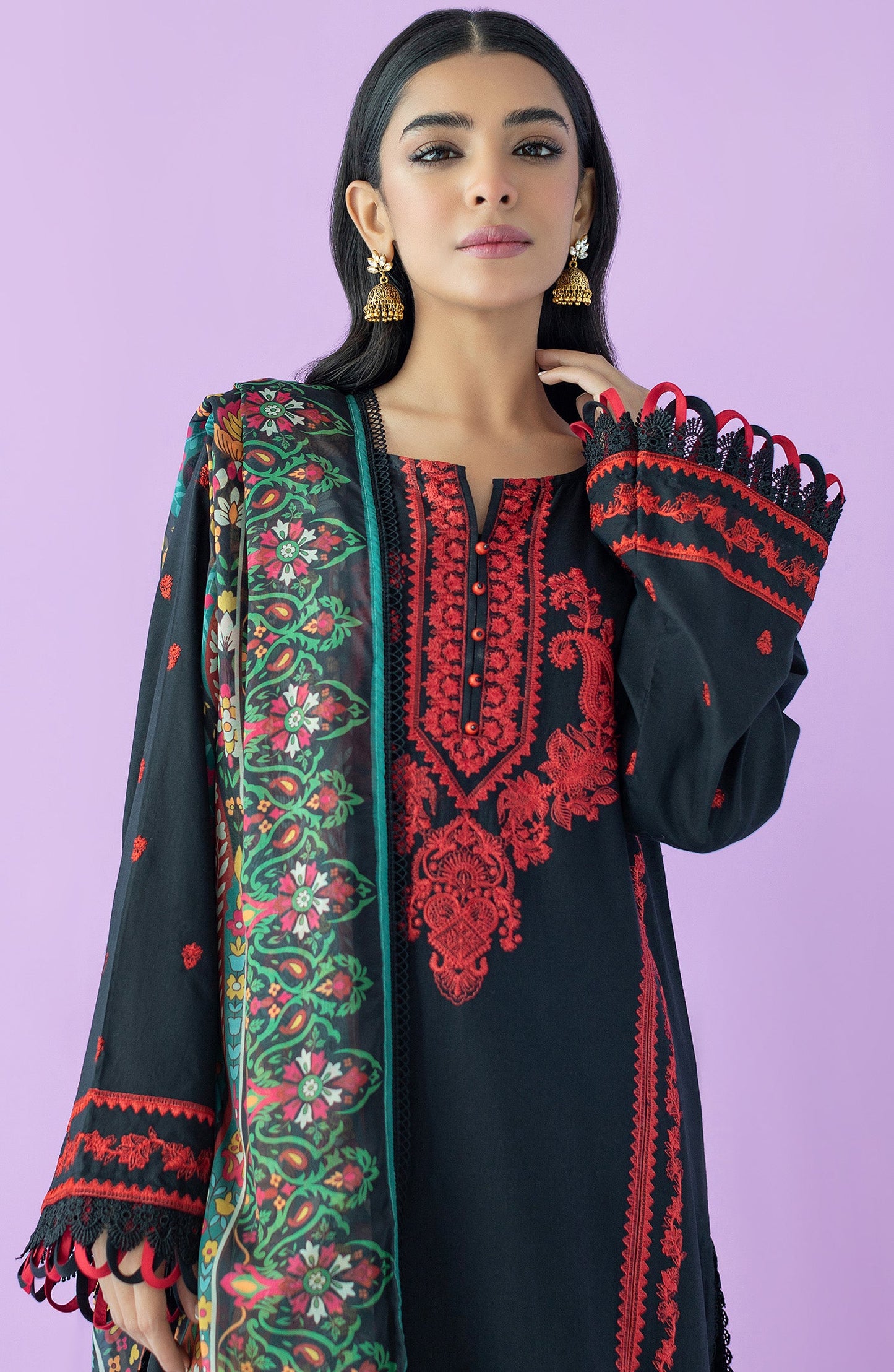 Orient - Unstitched 3 Piece Embroidered Lawn Shirt , Cambric Pant and Silk Dupatta