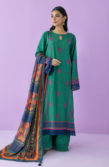 Orient - Unstitched 3 Piece Embroidered Lawn Shirt , Cambric Pant and Silk Dupatta