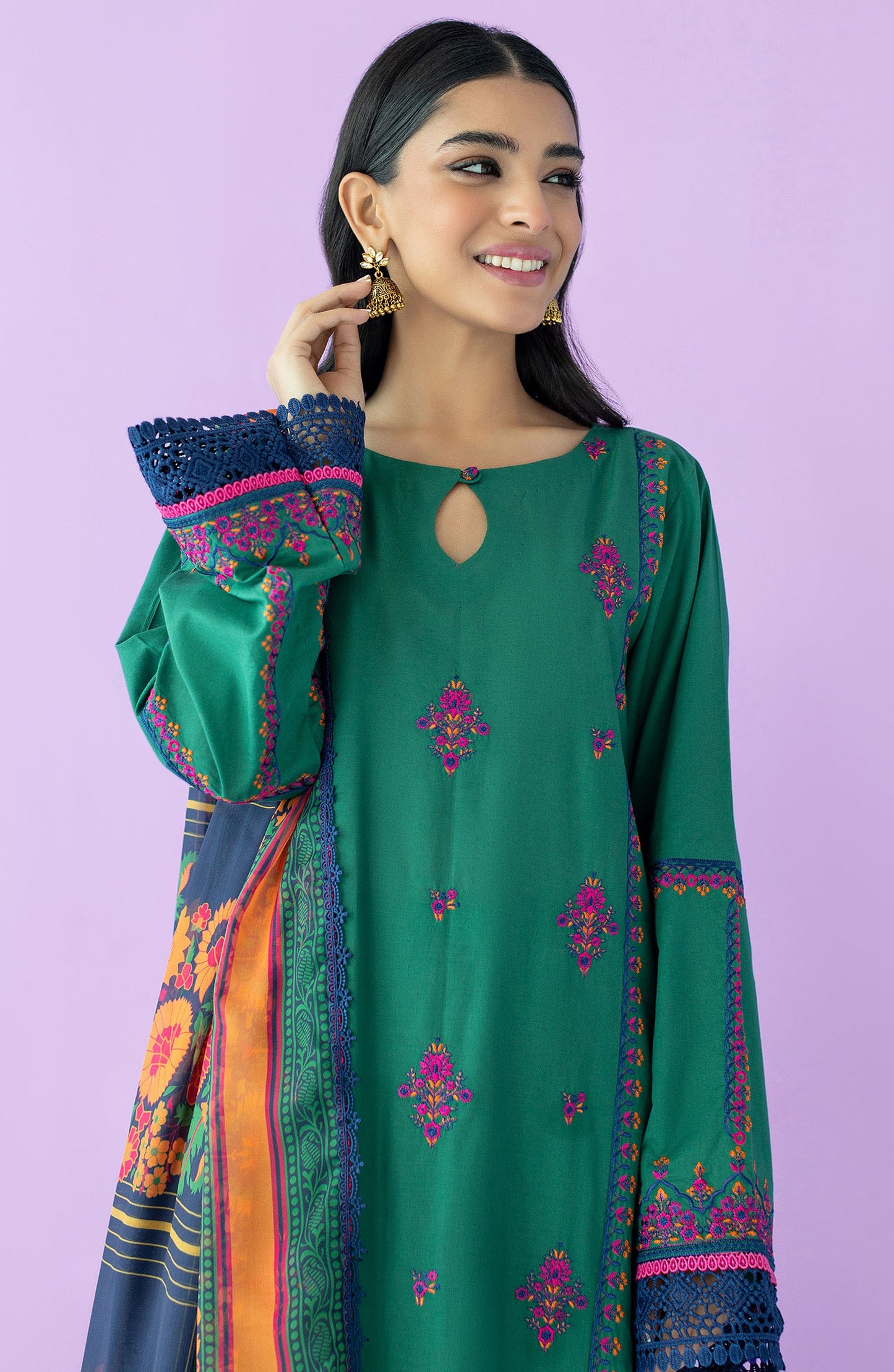 Orient - Unstitched 3 Piece Embroidered Lawn Shirt , Cambric Pant and Silk Dupatta