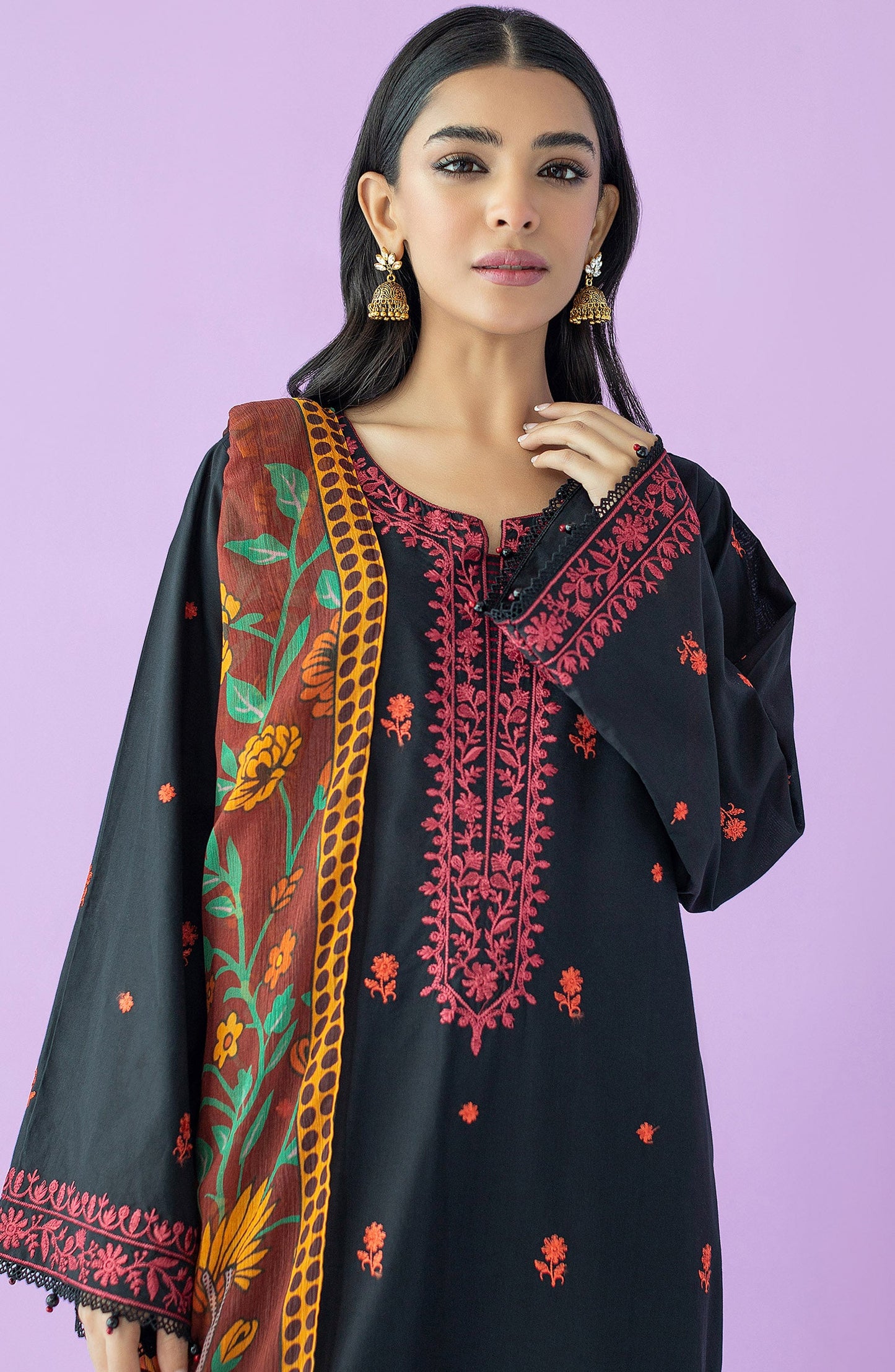 Orient - Unstitched 3 Piece Embroidered Lawn Shirt , Cambric Pant and Chiffon Dupatta