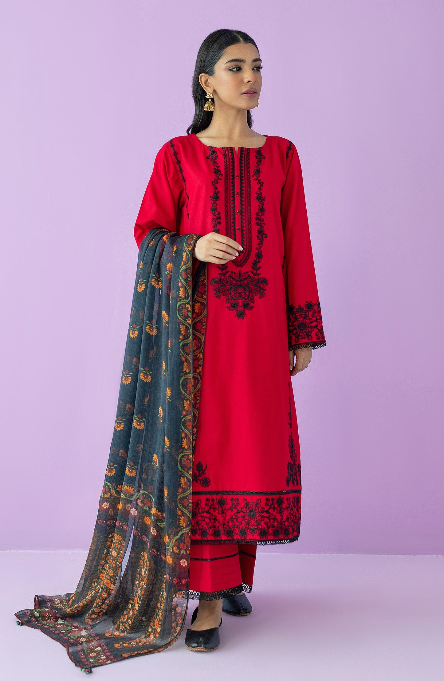 Orient - Unstitched 3 Piece Embroidered Lawn Shirt , Cambric Pant and Chiffon Dupatta