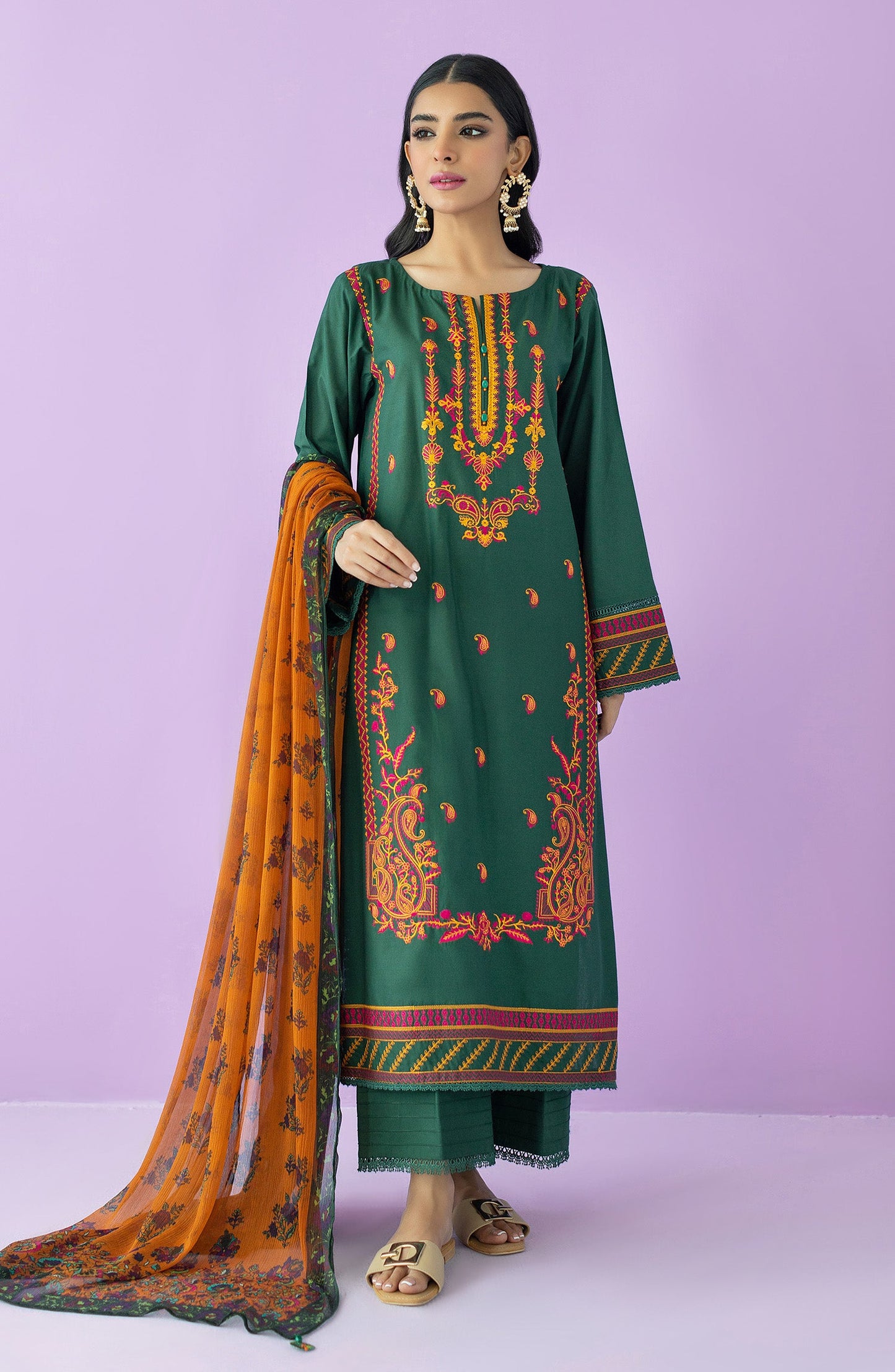 Orient - Unstitched 3 Piece Embroidered Lawn Shirt , Cambric Pant and chiffon Dupatta