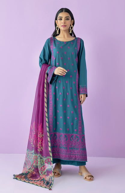 Orient - Unstitched 3 Piece Embroidered Lawn Shirt , Cambric Pant and Chiffon Dupatta