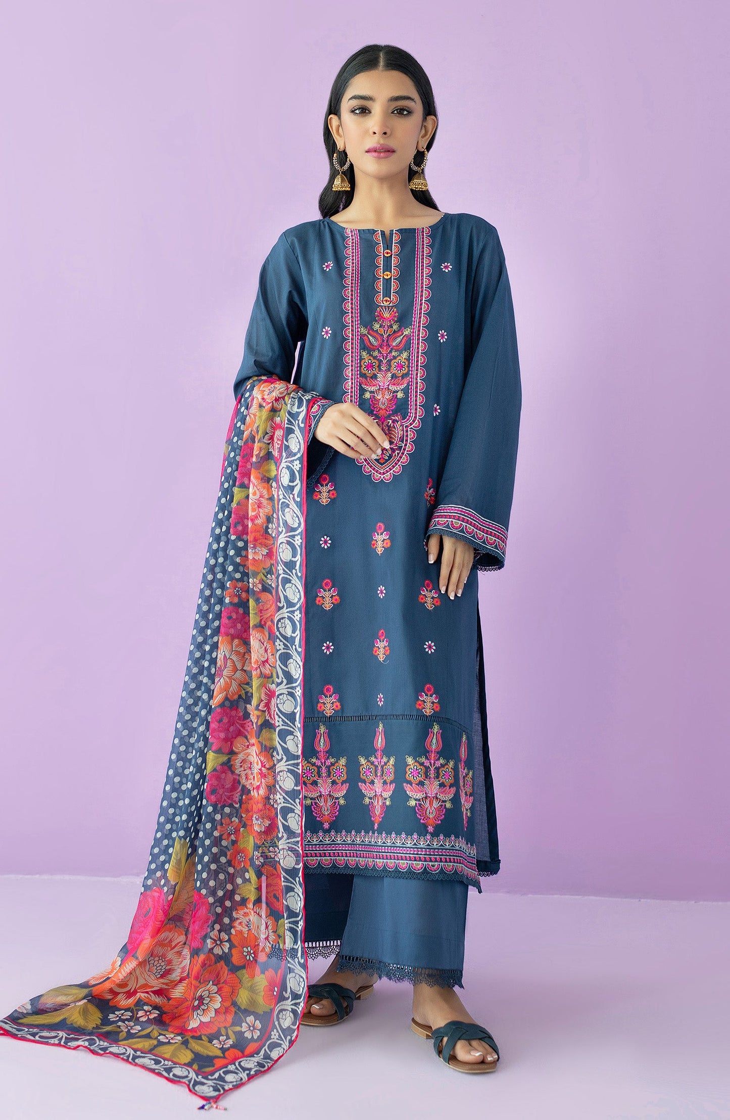 Orient - Unstitched 3 Piece Embroidered Lawn Shirt , Cambric Pant and Chiffon Dupatta
