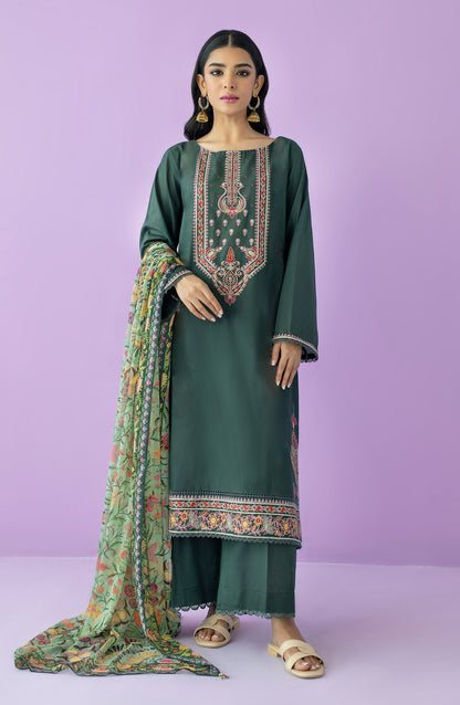 Orient - Unstitched 3 Piece Embroidered Lawn Shirt , Cambric Pant and Chiffon Dupatta
