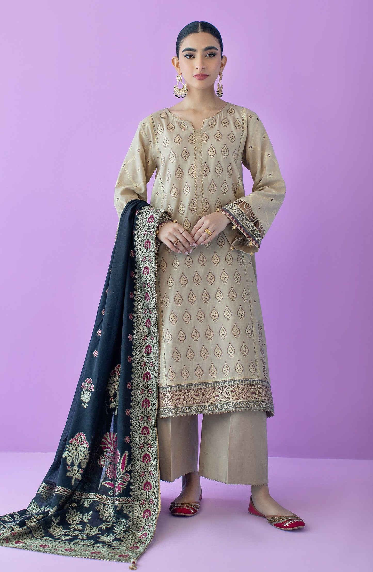 Orient - Stitched 3 Piece Embroidered Jacquard Shirt , Cambric Pant and Jacquard Dupatta