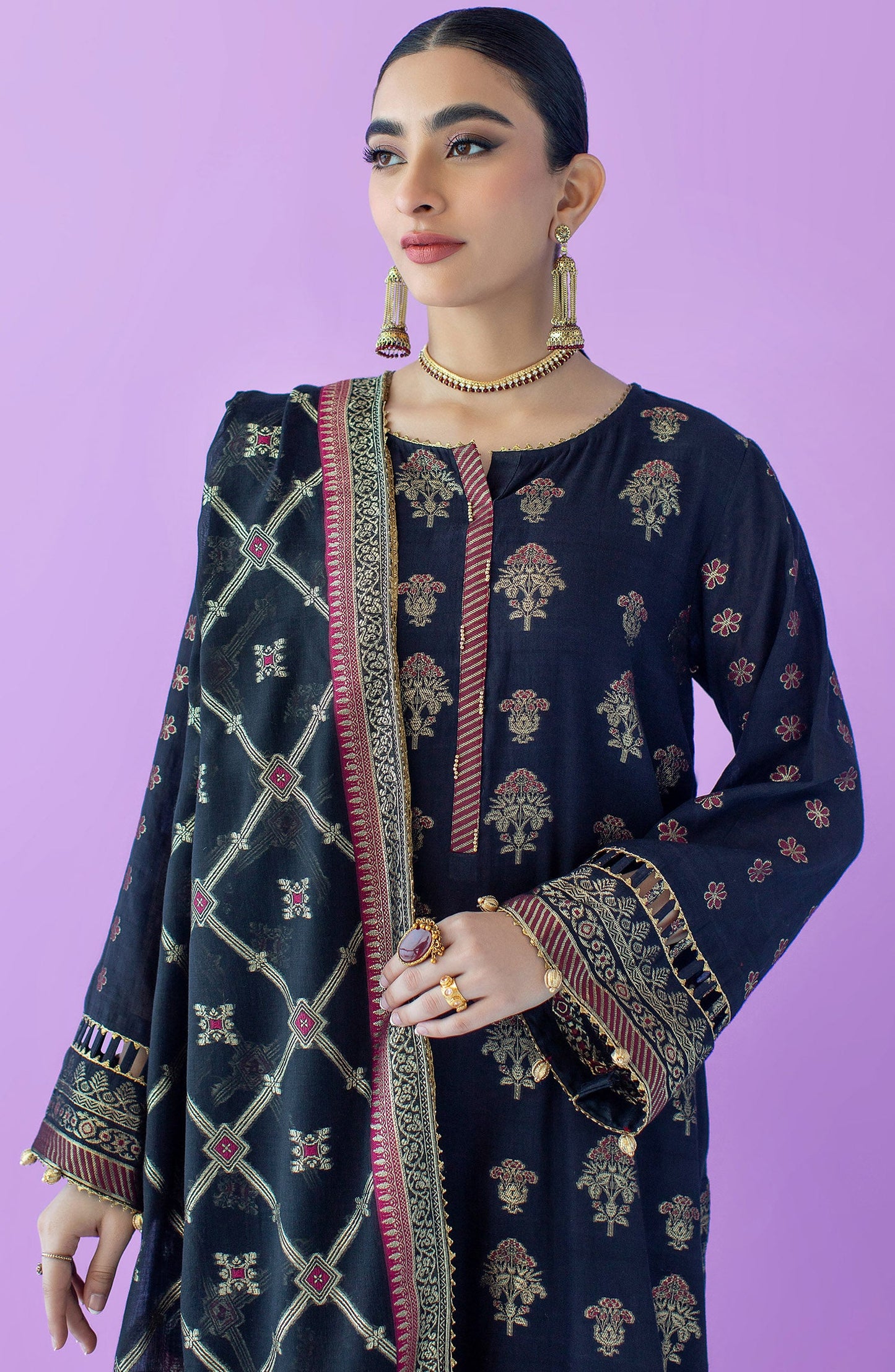 Orient - Stitched 3 Piece Embroidered Jacquard Shirt , Cambric Pant and Jacquard Dupatta